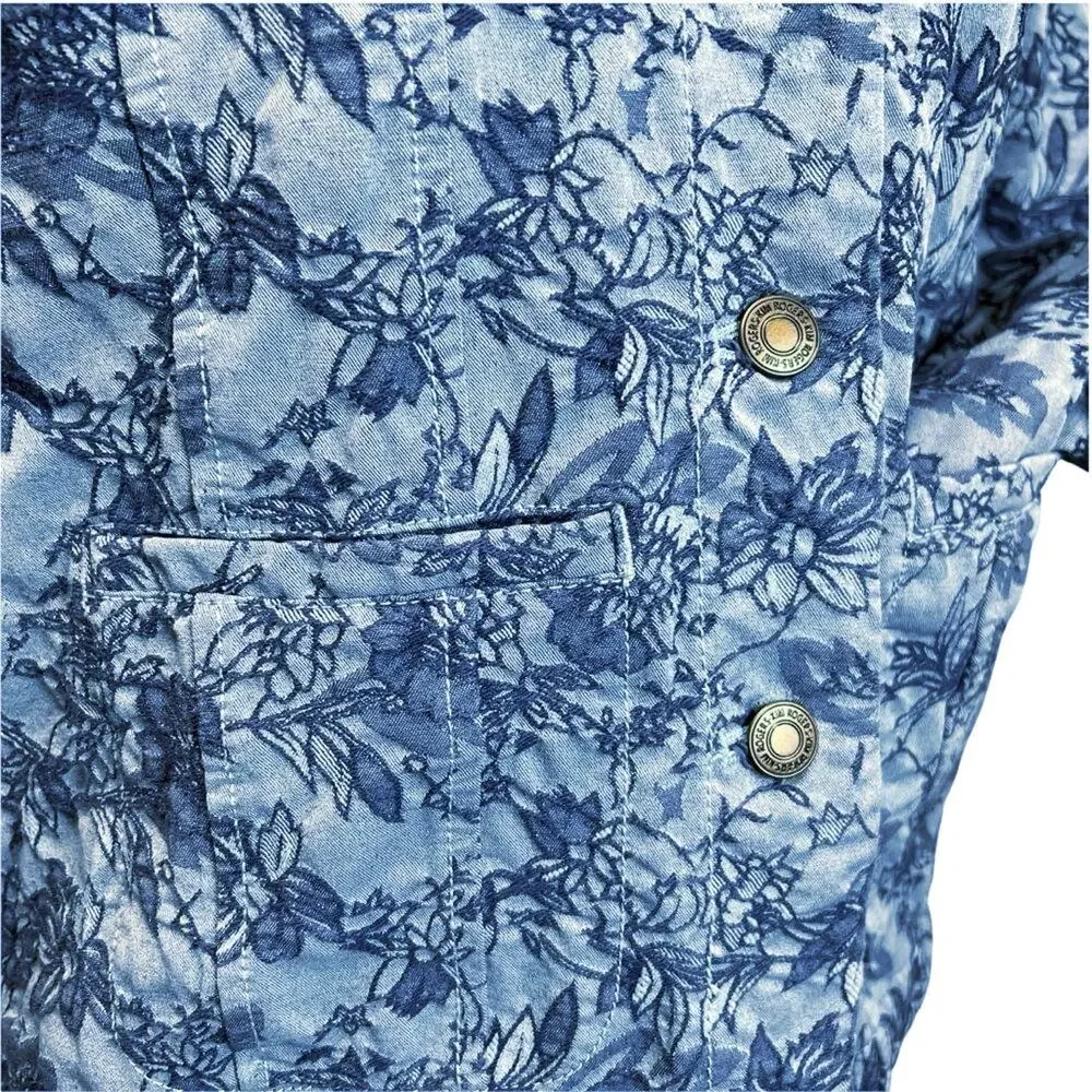 Kim Rogers Blue Floral Quilted Jacquard Button-Front Jacket Sz PM Cotton Blend - Picture 11 of 14